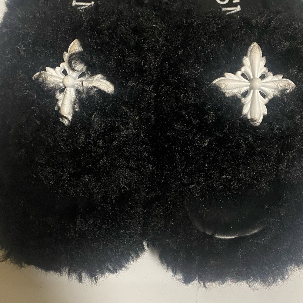 Black Fuzzy Slippers with Silver Accents
